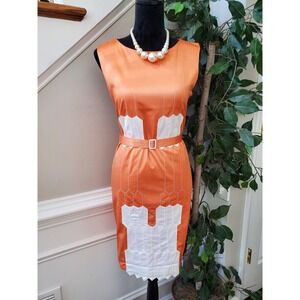 Grifflin Women Orange Polyester Round Neck Sleeveless Knee Length Dress Size M